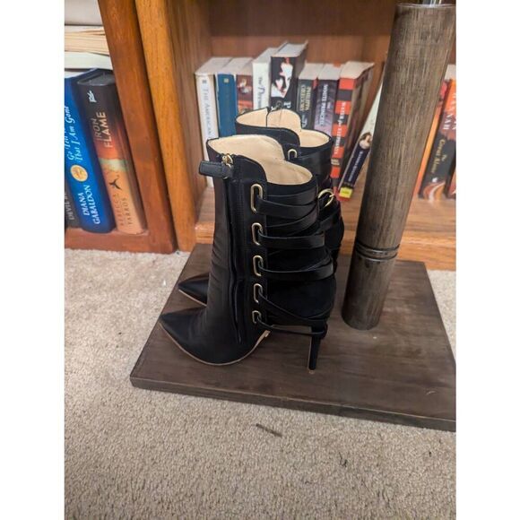 Rousseau Boots Black Tan Heels EU 38 US 8M Italy Leather Closed Toe Stiletto - Picture 4 of 6